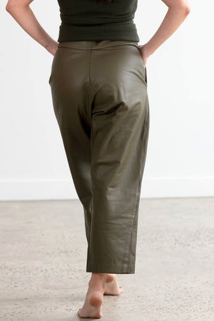These straight leg, drop crotch slouch pants and comfortable and striking in Olive leather.