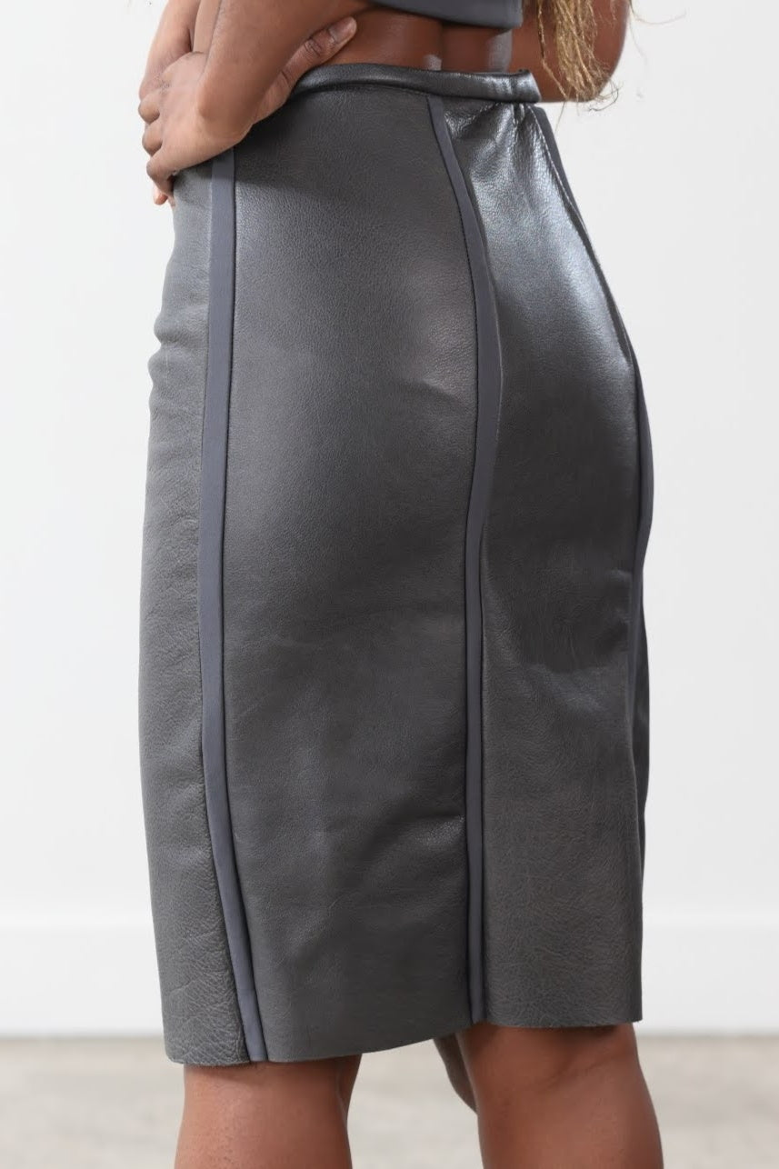 Knee high pencil skirt made from ethically sourced leather here in Melbourne, Australia.