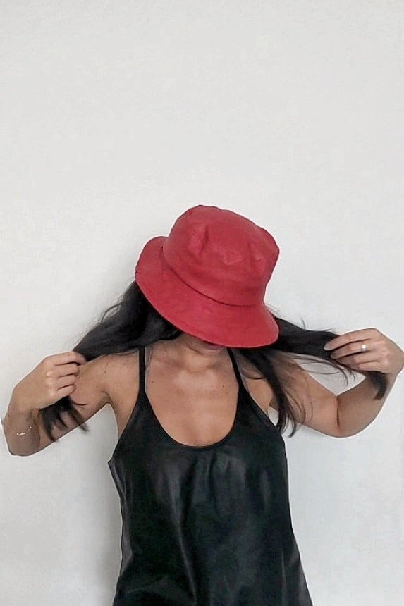 Comfort and style keep this leather bucket hat on trend.