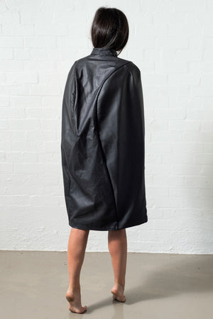 Black Leather Cape dress rear view with curved panelling
