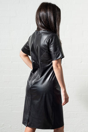 Rear back zip for ease and comfort a relaxed black leather day or party dress