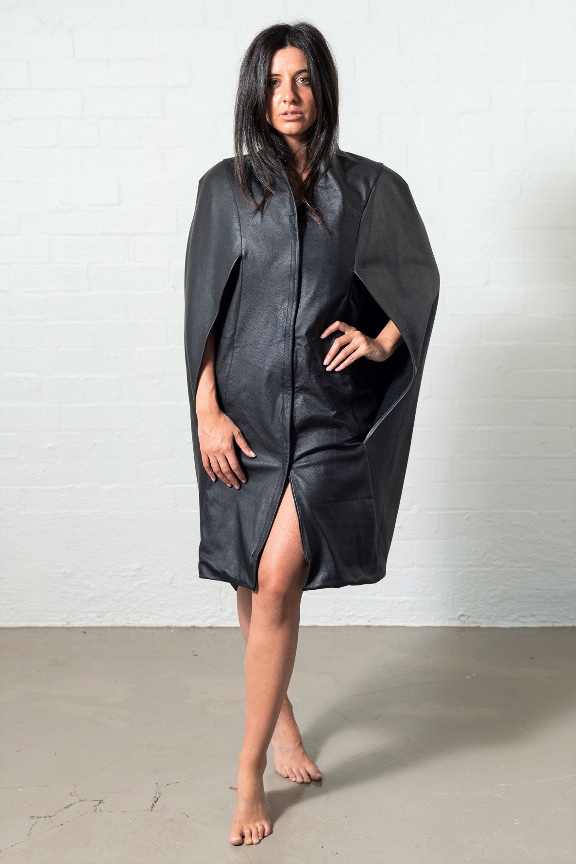 Black leather Cape dress zipped up front view