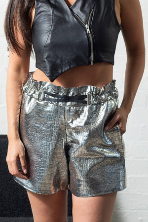 Open image in slideshow, Silver snake embossed leather shorts with waist detailing and side pockets

