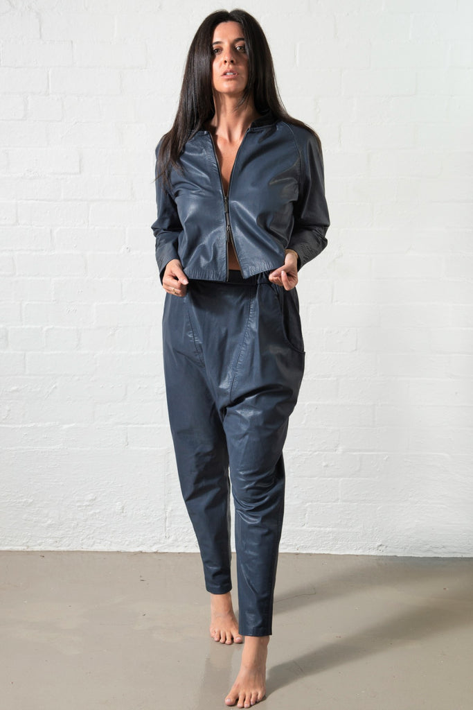 Navy leather drop crotch track suit with two way zip