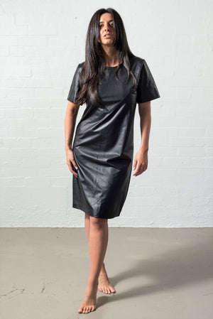 Soft and supple black leather t-shirt dress for all seasons